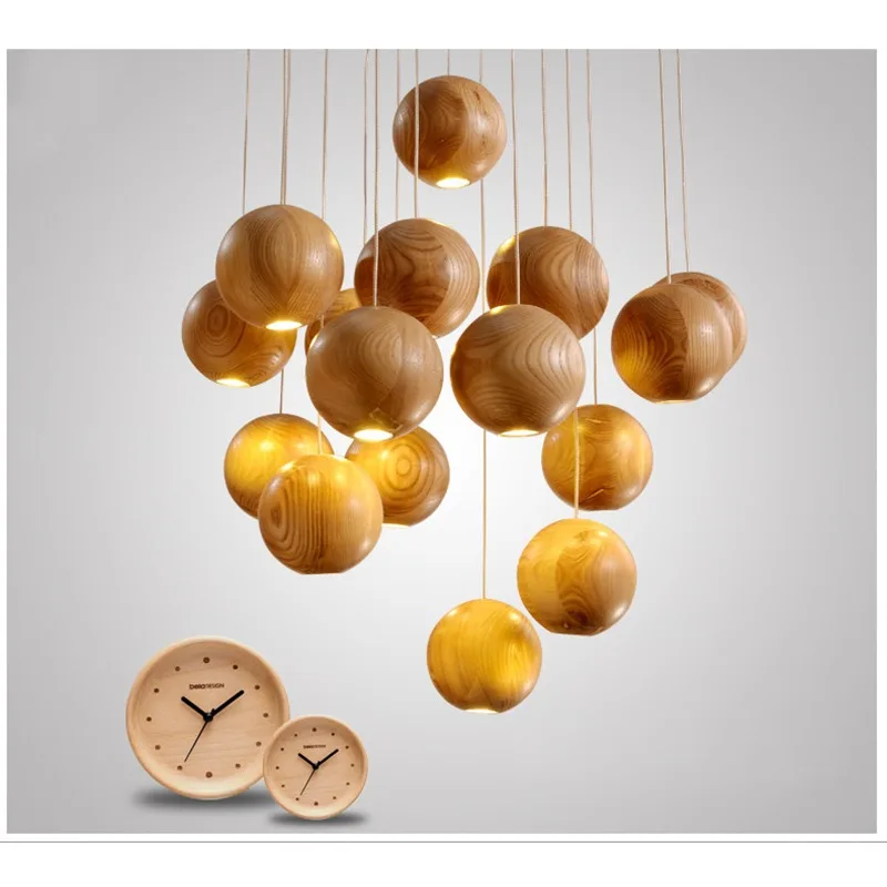 

Led Art Chandelier Pendant Lamp Light Room Decor Solid Wood Wood Ball Wood Hanging Decoration Wood Indoor Hotel Project