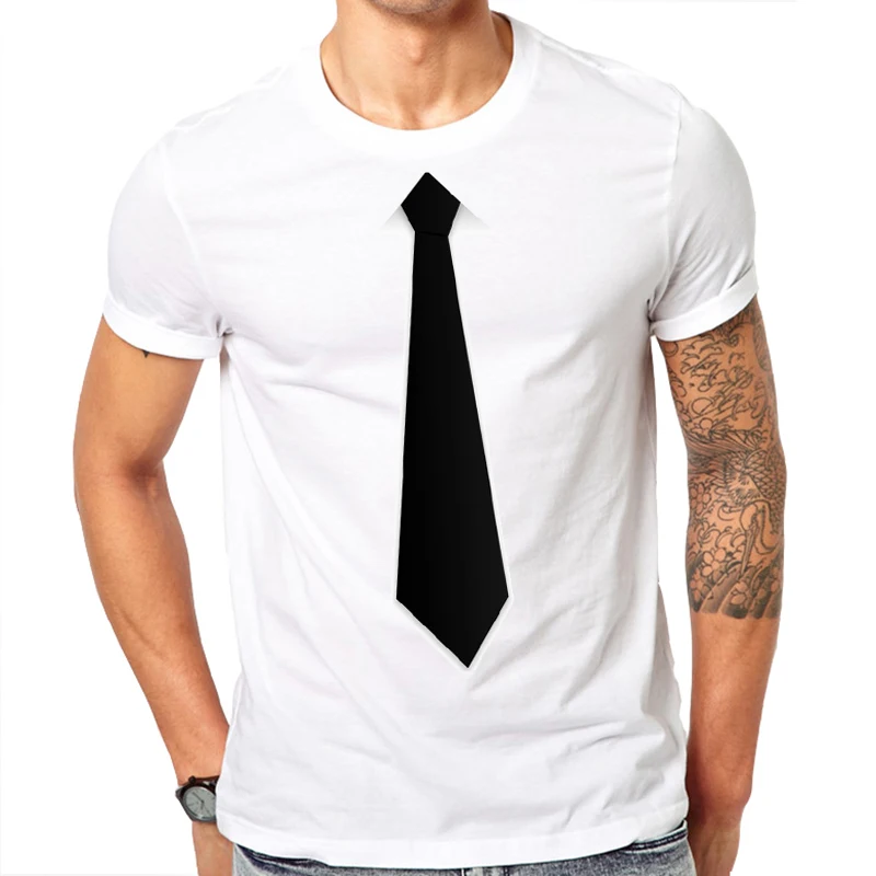 

Summer new fashion O collar active personalized fake suit tie printed design white T-shirt men's short sleeves