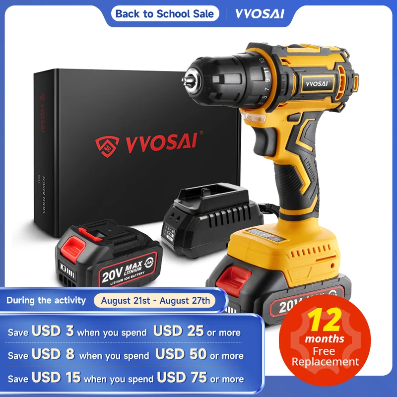 WOSAI 20V Brushless Drill 50N.m Electric Screwdriver Lithium-Ion Battery Cordless Drill 25+1 Torque Settings 2-Speeds Power Tool