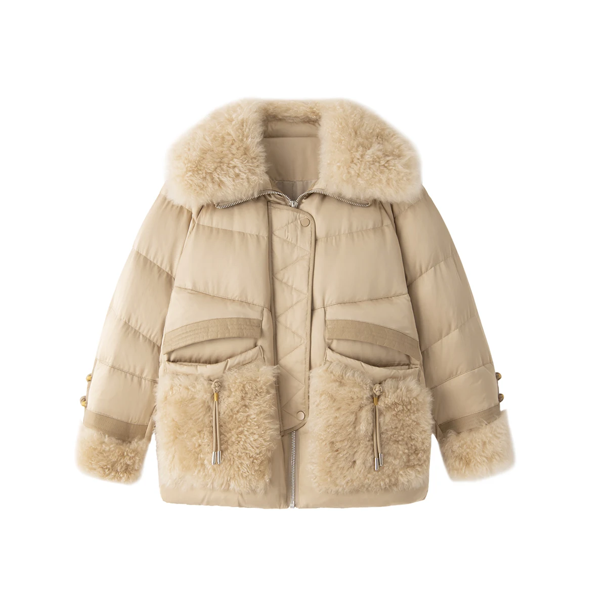 New Design 95%  White Goose Down  Puffer Jacket  Abrigos De Mujer  Luxury  Winter  Zipper  Wide-waisted  Spliced Sheepskin Wool