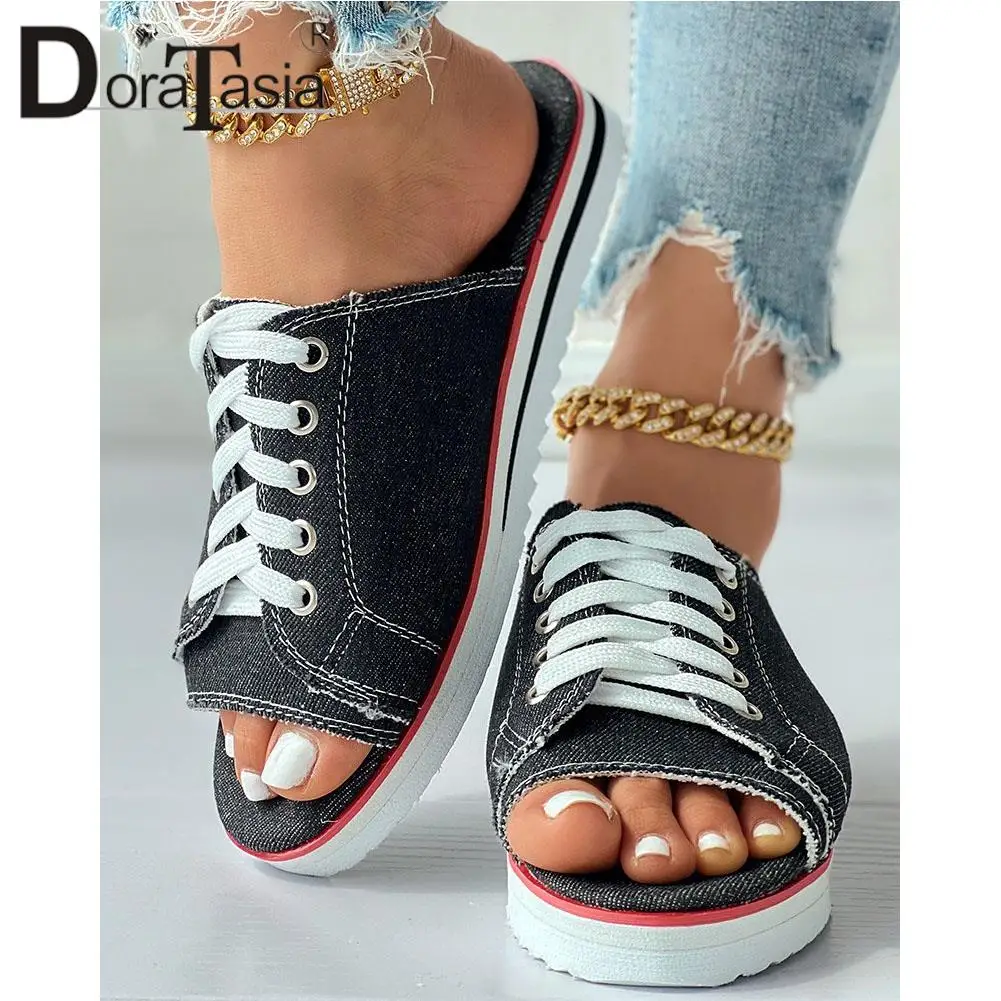 Big Size 43 New Female Light Denim Slides Fashion Lace-up Peep Toe Flat women's Slippers 2023 Casual Comfy Shoes Woman