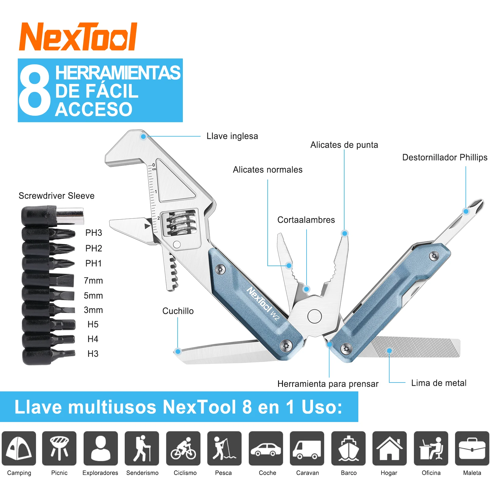 Фото Многофункциональный инструмент NexTool W2 8-в-1: регулируемый ключ, плоскогубцы, карманный нож, отвертка, напильник, инструменты для ремонта велосипедов №2