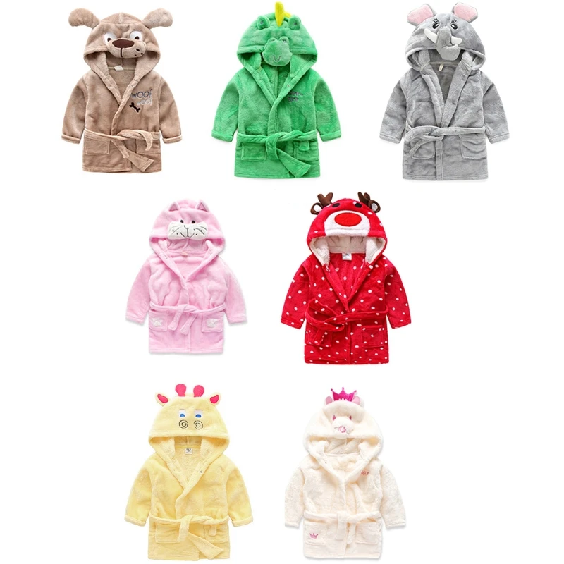 

Kids Boys Girls Winter Flannel Bathrobe Cartoon Animal Hooded Robes with Belt Toddler Absorbent Towel Pajamas Sleepwear Night