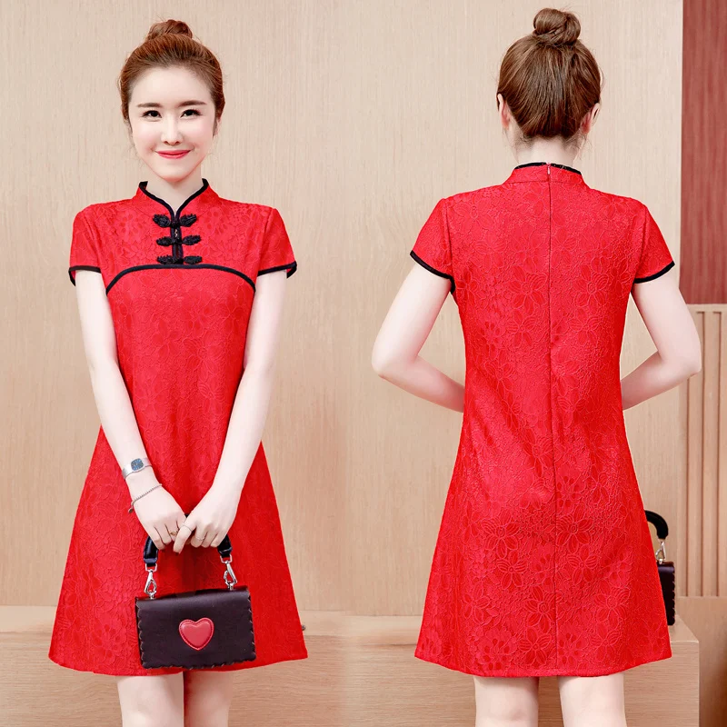 Модное улучшенное платье с коротким рукавом Черное Красное Кружевное летнее