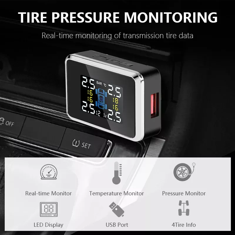 

Цифровой прикуриватель TPMS с датчиком и USB-портом, дисплей напряжения, беспроводной датчик давления в шинах с индикатором предупреждения