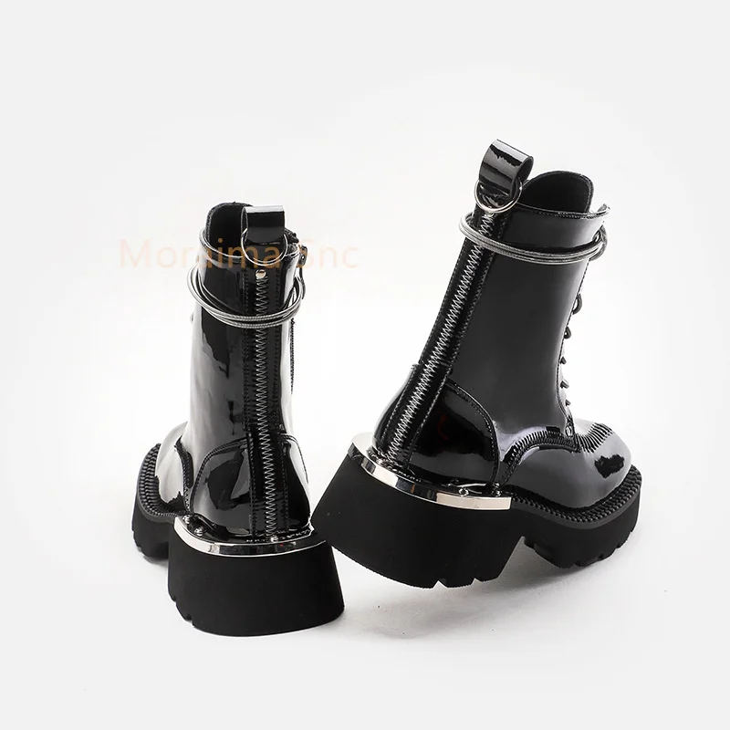 Metal Decorative Square Head Ankle Boots Women Lace Up Short Boots British Style Fashion Lady Shoes Height Increasing Botas