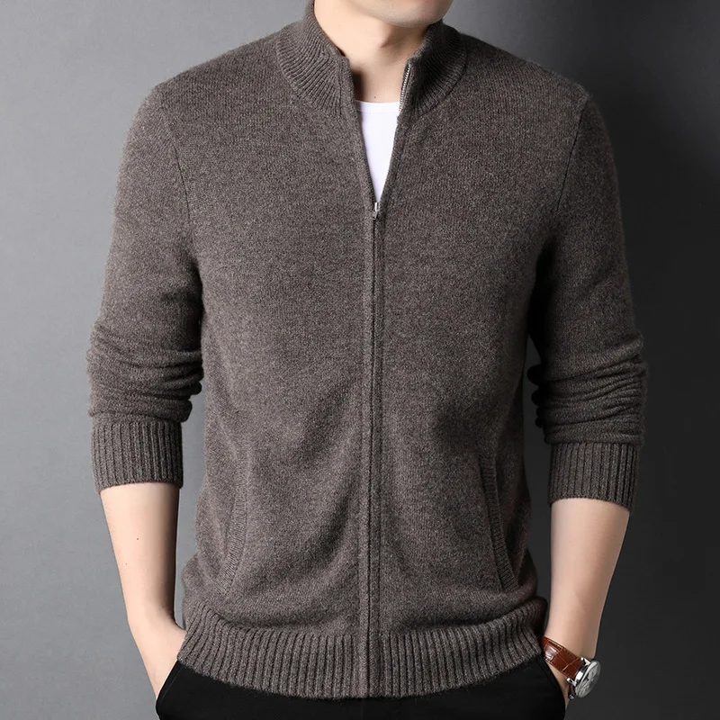 

Рубашка из чистого кашемира 100%, мужской утепленный Повседневный Молодежный свитер на молнии со стоячим воротником, верхняя одежда, свитер