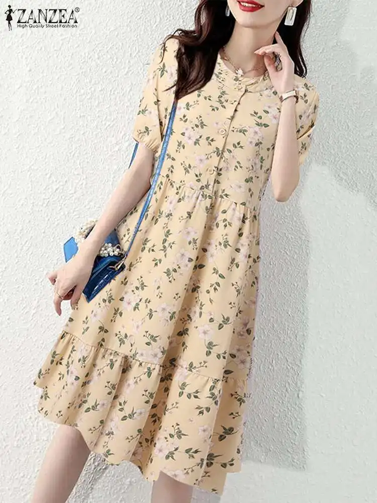 

Платье ZANZEA женское до колен, шикарное элегантное платье-рубашка с цветочным принтом и многоярусной строчкой, с круглым вырезом, модный элег...