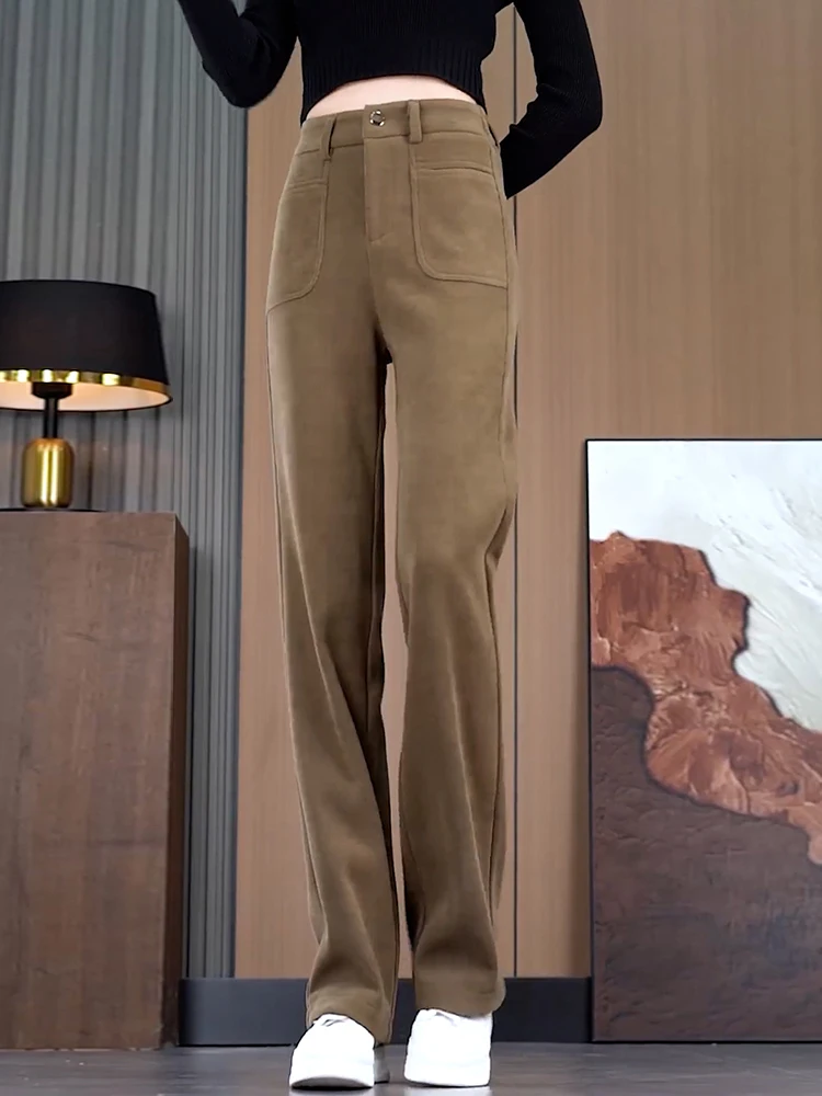 Плюс размеры вельветовые прямые брюки из синели на флисовой подкладке женские