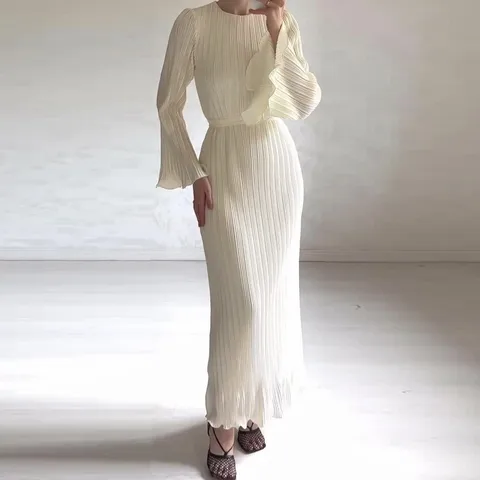 Женское плиссированное платье макси, Элегантное повседневное платье на бретельках с длинными расклешенными рукавами, со шнуровкой сзади, весна-осень-зима 2024