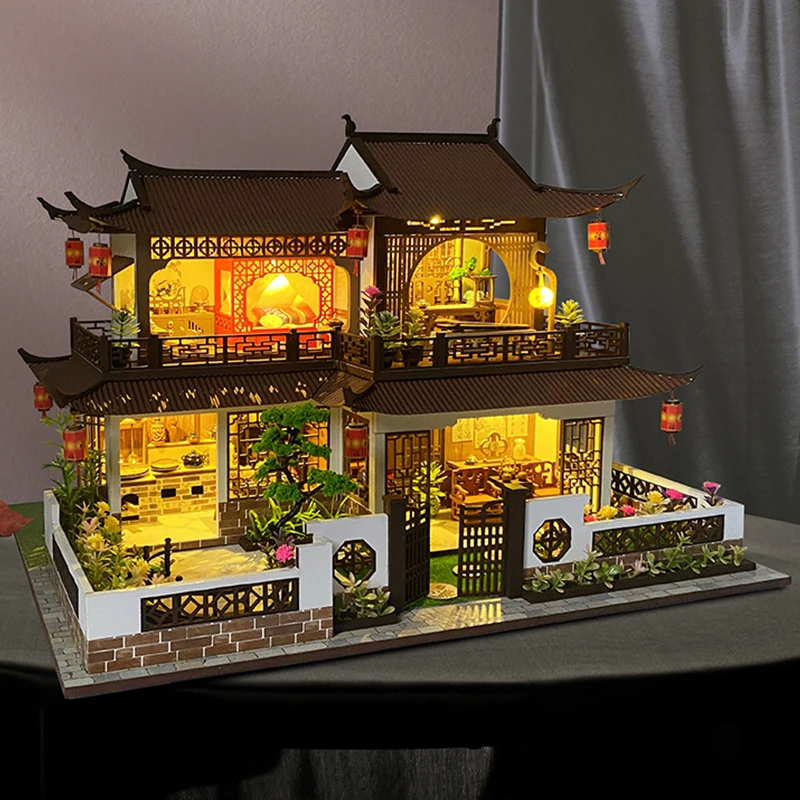 DIY Wooden Doll House Miniature Building Kits Chinese Villa Dollhouse With Furniture Light Big Casa Toys for Girls Birthday Gift