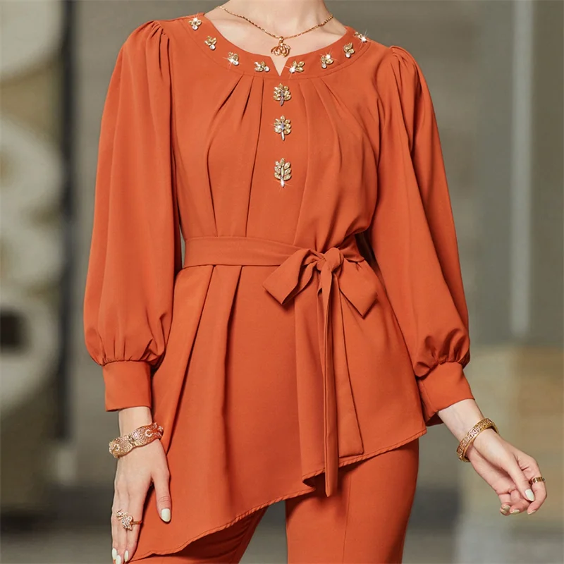 Modest Two Piece Sets Round Neck Fashion Diamonds Mermaid Long Top For Muslim Girls  Women's Trouser And Blouse Sets