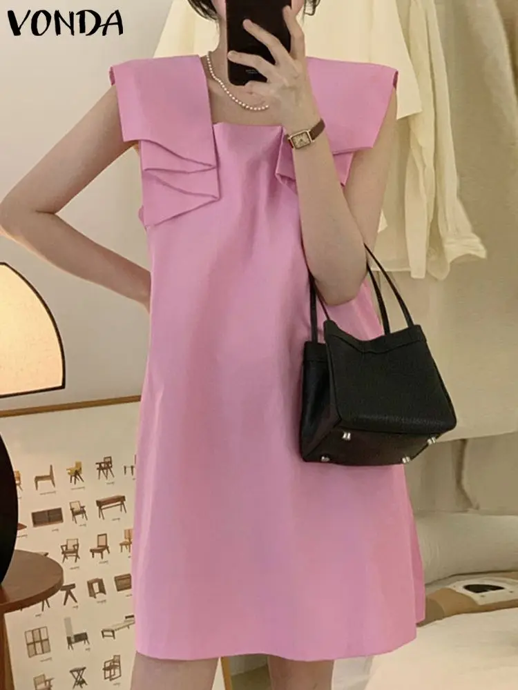 

Summer Swing Mini Dress Casual Square Neck Sleeveless Ruffle Dress VONDA 2022 Vintage Solid Color Short Sundress Female Vestidos