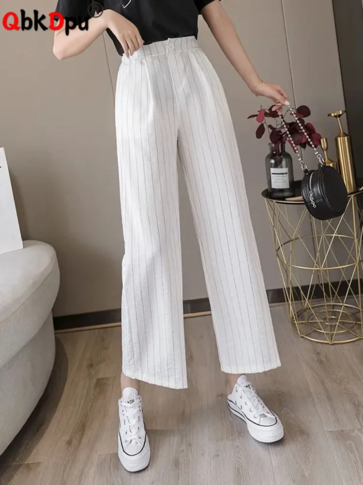 

Summer Striped Formal Suit Pants Baggy Women Elegant Ankle-length Trousers Casual Office Straight High Wasit Korean New Spodnie