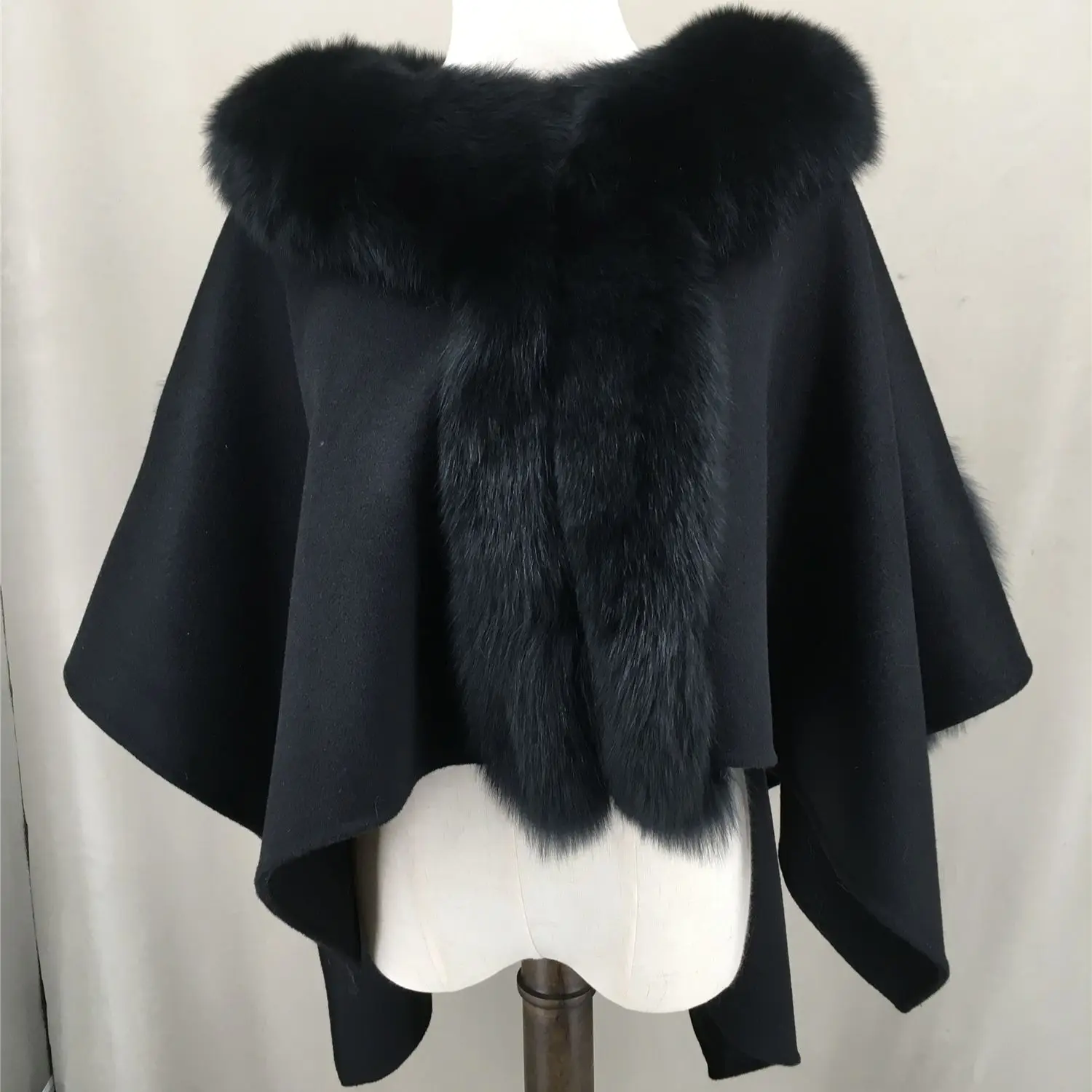 

real genuine natural wool shawl cape with hood with fox fur trimming 220616 furry fluffy 2023