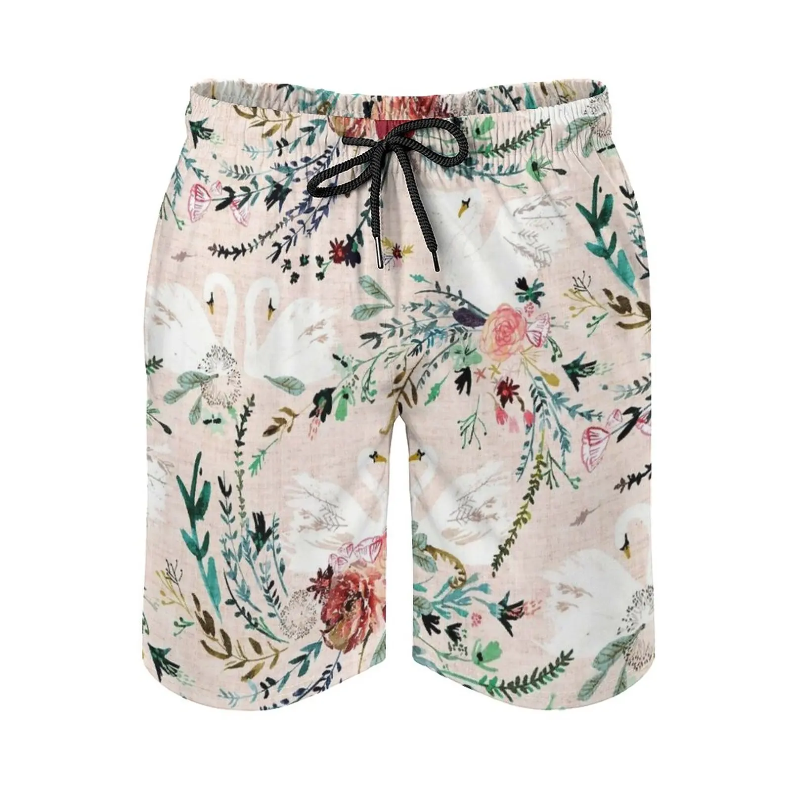 

Swan Lake Men's Swim Trunks Sports Shorts Beach Trunks Surfing Pockets And Mesh Lining Watercolor Floral Flower Damask Bird