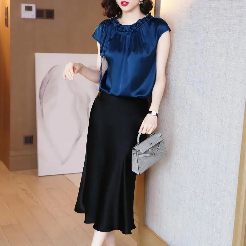 

Women's Elegant Glossy Satin Skirt Lady Fashion OL Party Office Skirts Vintage Plain Solid High Waist Skirts Work Wear 4XL J431