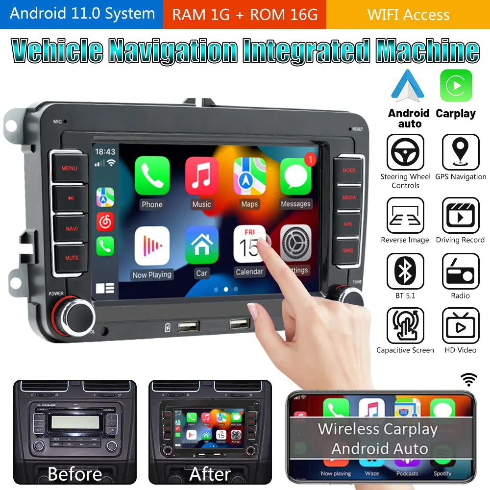 7-дюймовый сенсорный экран MP5 для телефона Android 11 Apple Carplay и автомобильная