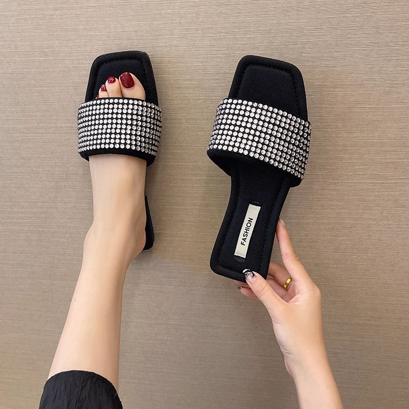 

Rhinestone Slippers for Women 2022 New Summer Flat Bottom Travel Lazy Sandals Women woman shoes high heels sexy slippers sandals