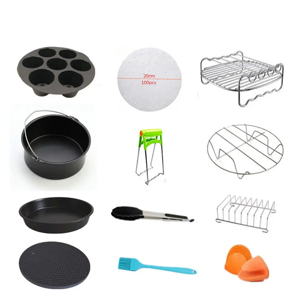 

5pcs/set Air Fryer Pizza Pan Skewer Rack Cake Barrel Metal Holder Silicone Mat Accessory Kit