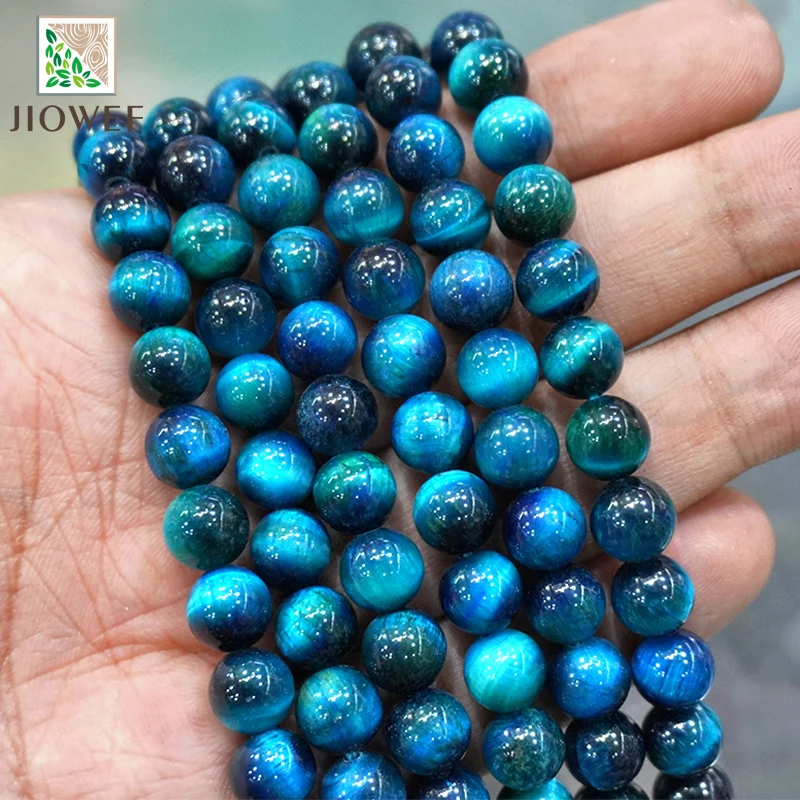 Natural Smooth Peacock Blue Tiger Eye Stone DIY Bracelet Accessories Loose Round Beads for Jewelry Making 15" Strand 6 8 10 12MM