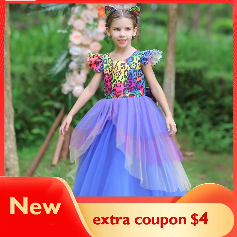 

2022 Christmas Print Big Bow Dresses For Girls Children Lace Halloween Princess Ball Gown Kids Wedding Performance Costume 4-10Y