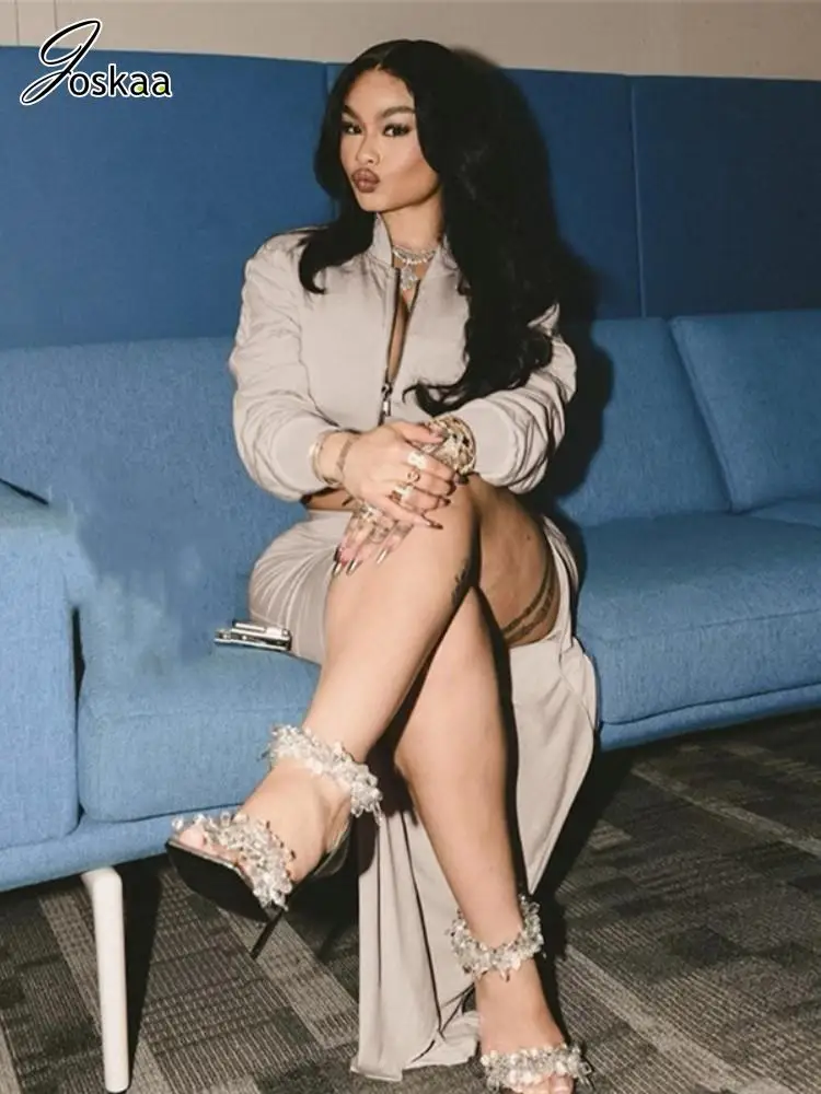 

Joskaa Casual Solid Two Piece Set Women Long Sleeve Zip Up Jackets and Pleated High Split Maxi Skirt Matching 2024 Club Outfits