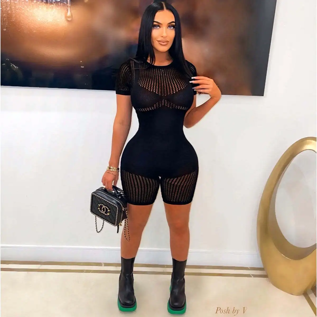2023 Summer Sexy Hollow Out Short Sleeve Bodycon Club Shorts Jumpsuit Women One Piece Casual Knit Rib Playsuit Zipper Romper