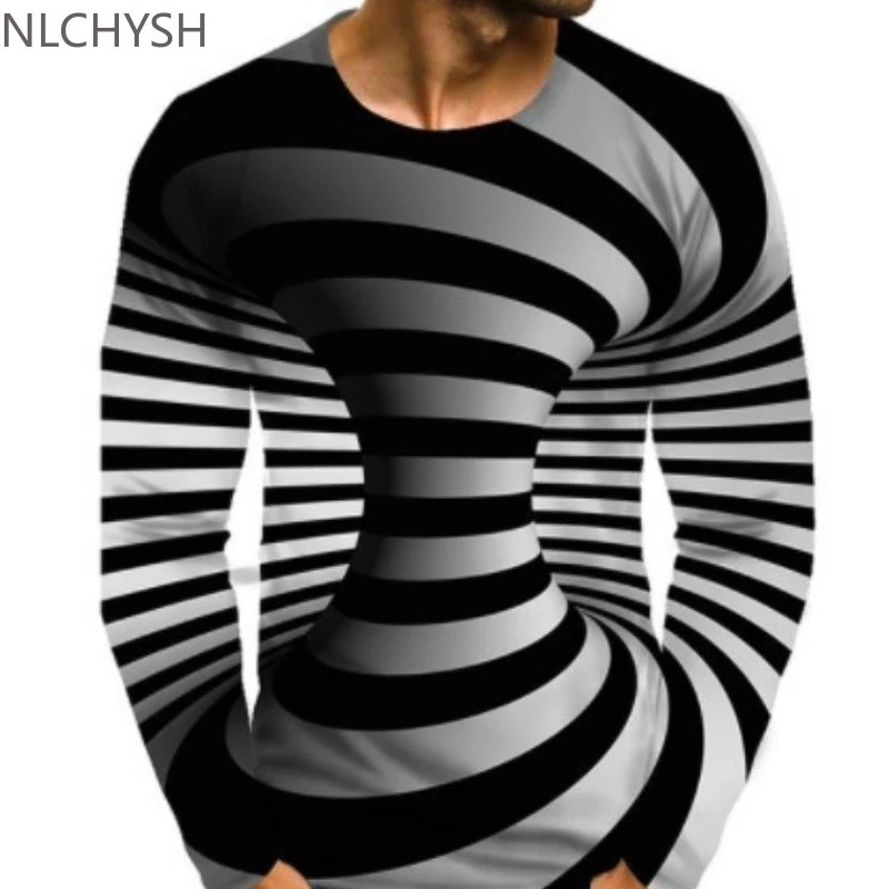 

2021 Men Optical Illusion Graphic Plus Size T-Shirt Print Daily Long Sleeve Tops Exaggerated Around Neck Rainbow Streetwear
