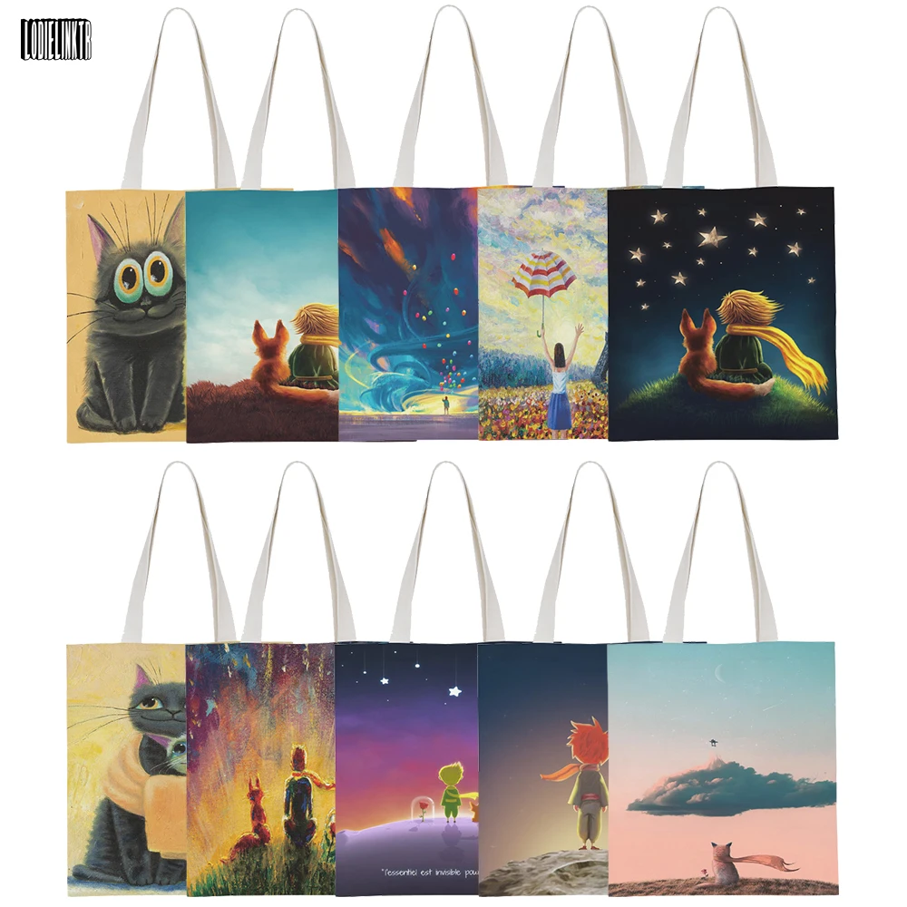 

New Fashion Cartoon Canvas Shoulder Bag Little Prince Anime Shopping Bag Women Daily Storage Phone Umbrella Glasses Grocery Bag