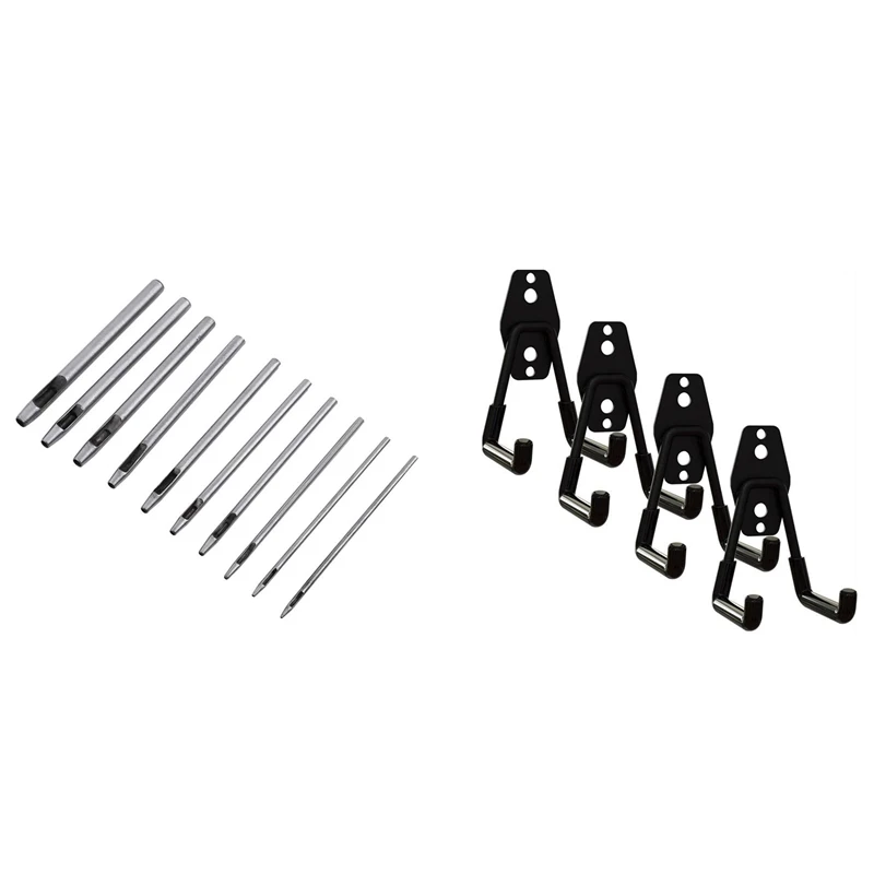 

4x Garage Hooks,Garage Storage Hooks Utility Double Hooks & 10 Pcs Leather Hole Punch Cutter Hollow Punch Set
