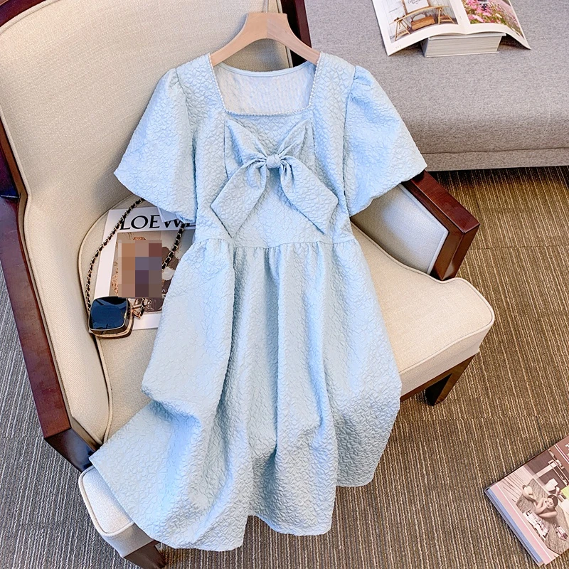 

WDMSNA синее милое платье с бантом, милое платье принцессы со складками и квадратным воротником, женское летнее платье средней длины с пышными рукавами на шнуровке для женщин