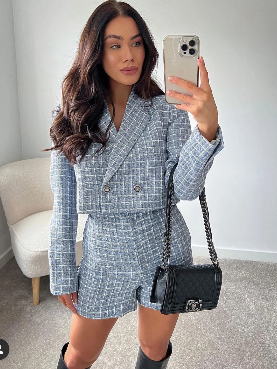 

2022 Women's Fashion Checked Cropped Blazer Woman Short Coat Long Sleeves Chic Lady Blazers Suit Outerwear Female Crop Jacket