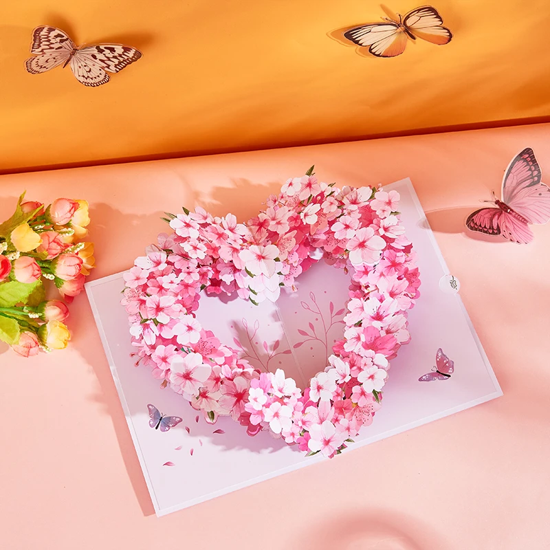 

3D Pop Up Flower Cards Floral Greeting Wedding Invitations Card Mothers Day Postcards Sweet Cherry Blossom Heart Pop-Up Card