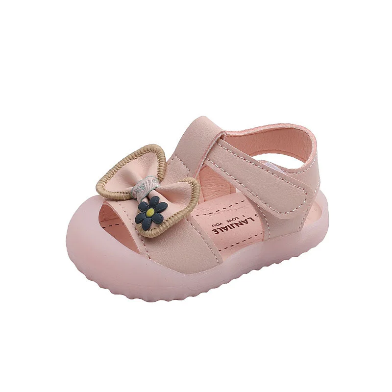 

Baby Girls Sandals With Flower Bow 2022 Summer Cute Soft Bottom Pink Princesses Shoes Infants Beige Baotou First Walkers Shoes