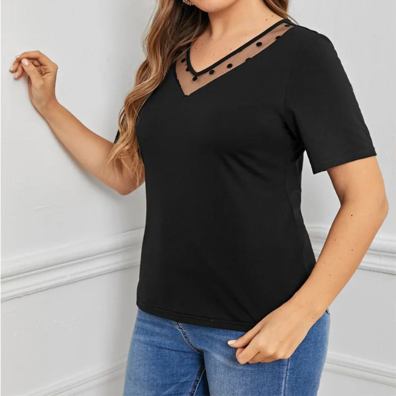 Casual Plus Size Clothes Black T-Shirt 2023 Summer Lace Patchwork V-Neck Short Sleeve Office Lady Pullover Basic Tops Women's