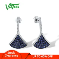 VISTOSO Genuine 14K 585 White Gold Stud Earrings For Women Sparkling Natural Blue Sapphire Diamond Fan Shaped Fine Chic Jewelry