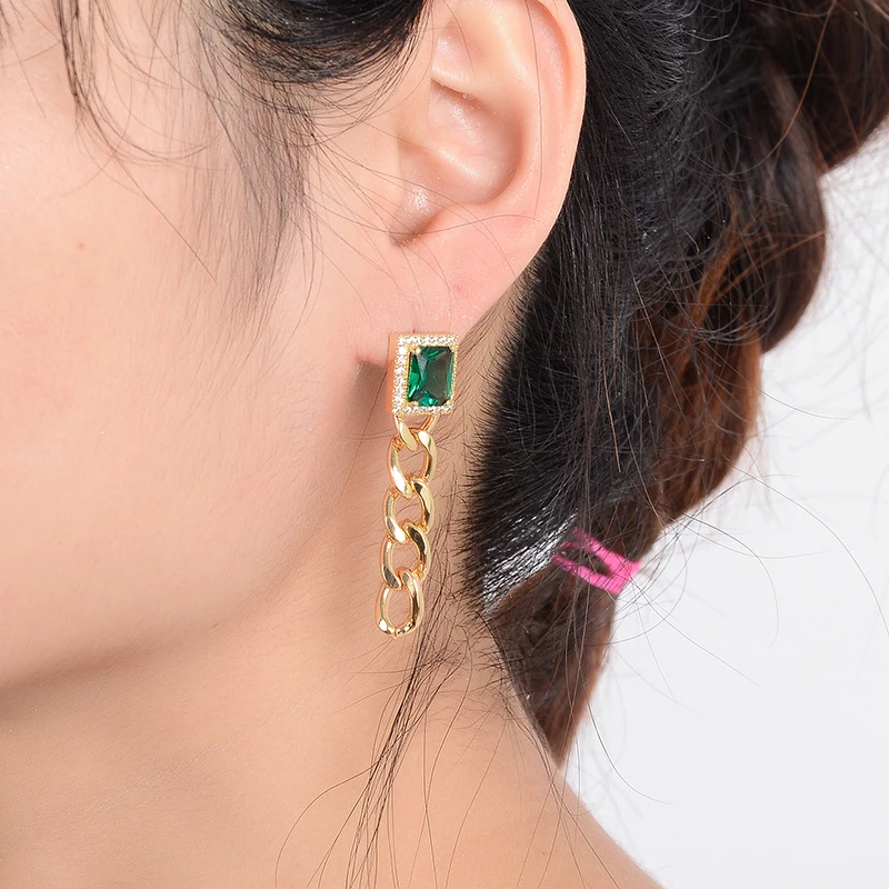 

Shineland Luxury Green Square Zircon Drop Dangle Earrings For Women Chain Tassel Pendant Trendy Unique Jewelry Party Lady's Gift