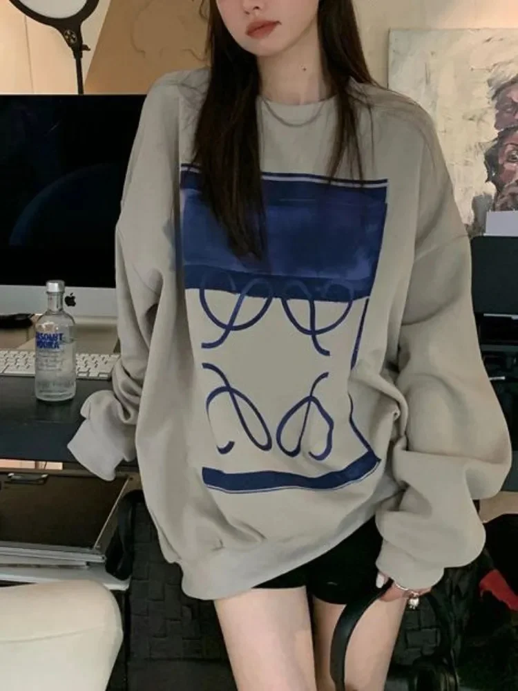 

Винтажные серые худи с графическим рисунком, женские осенне-зимние толстовки большого размера в стиле Харадзюку, Свободные повседневные флисовые топы, корейская мода