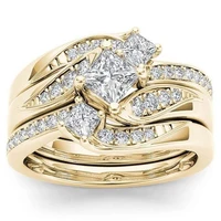3pcs set charm yellow ring set anniversary engagement bridal wedding rings set jewelry for women gold ring set