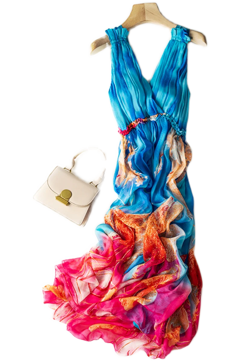 22 Новая модная женская одежда 8 мм шелковое платье с принтом летнее Свободное