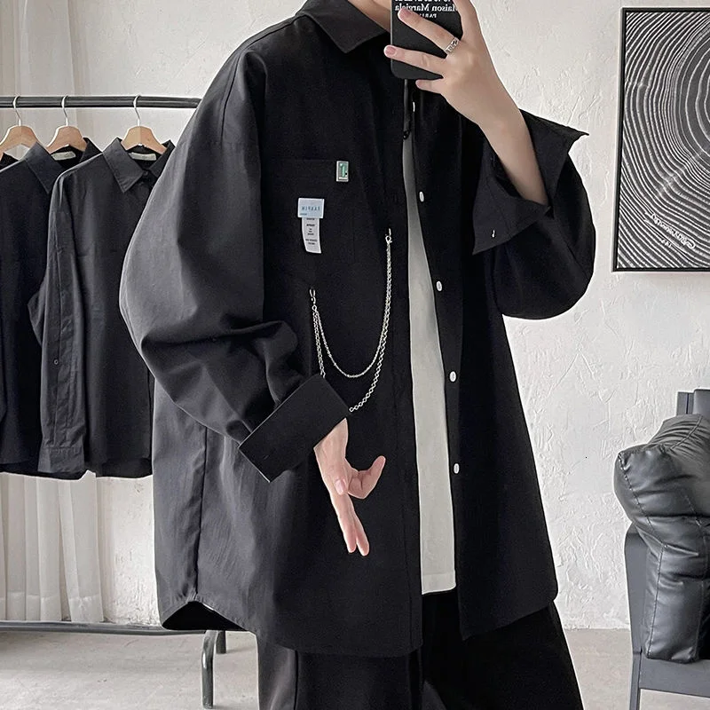 

Hybskr Oversized Shirt For Men Streetwear Long Sleeve Harajuku Chain Fashion Men's Shirts Korean Clothes Branded Men's XS027