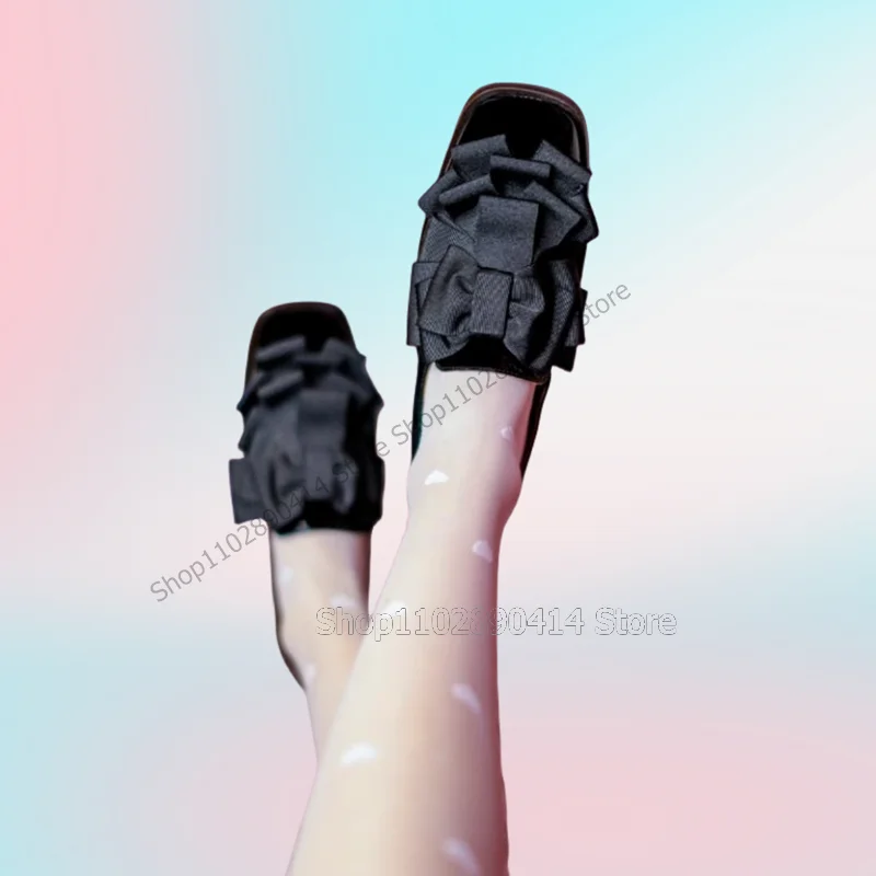 Женские туфли на квадратном каблуке черные туфли-лодочки с бантом и квадратным