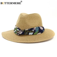 buttermere sun hat women straw panama hat female print beach fedora outdoor summer khaki casual wide brim ladies jazz hat