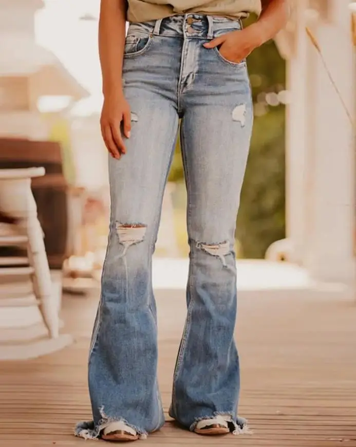 

2022 casual new fashion Zipper Fly Ripped Raw Hem Flared Leg Jeans women pants new trousers high waist elegant