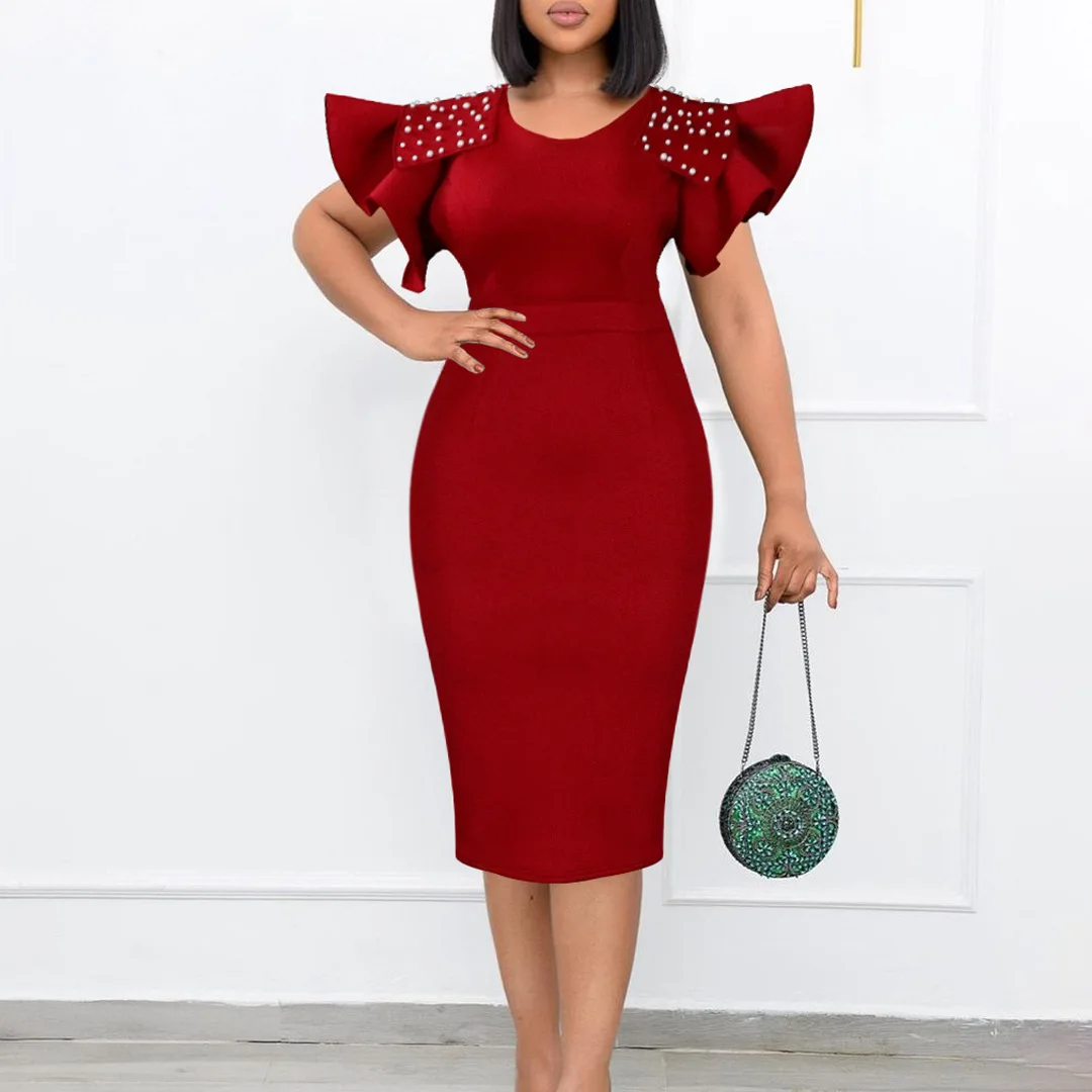 African Dresses for Women Spring Summer Africa Women Short Sleeve Sexy O-Neck Slim Dress Office Lady Party Knee-length Dress