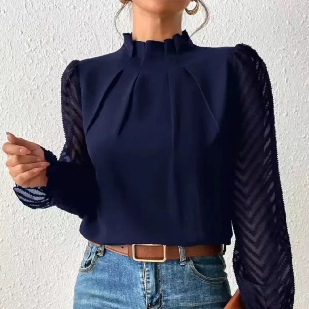 

Spring And Autumn Wave Pattern Chiffon Shirt Female Fashion Half High Collar Panel Ruffle Sleeve Top Chic Women's Clothing