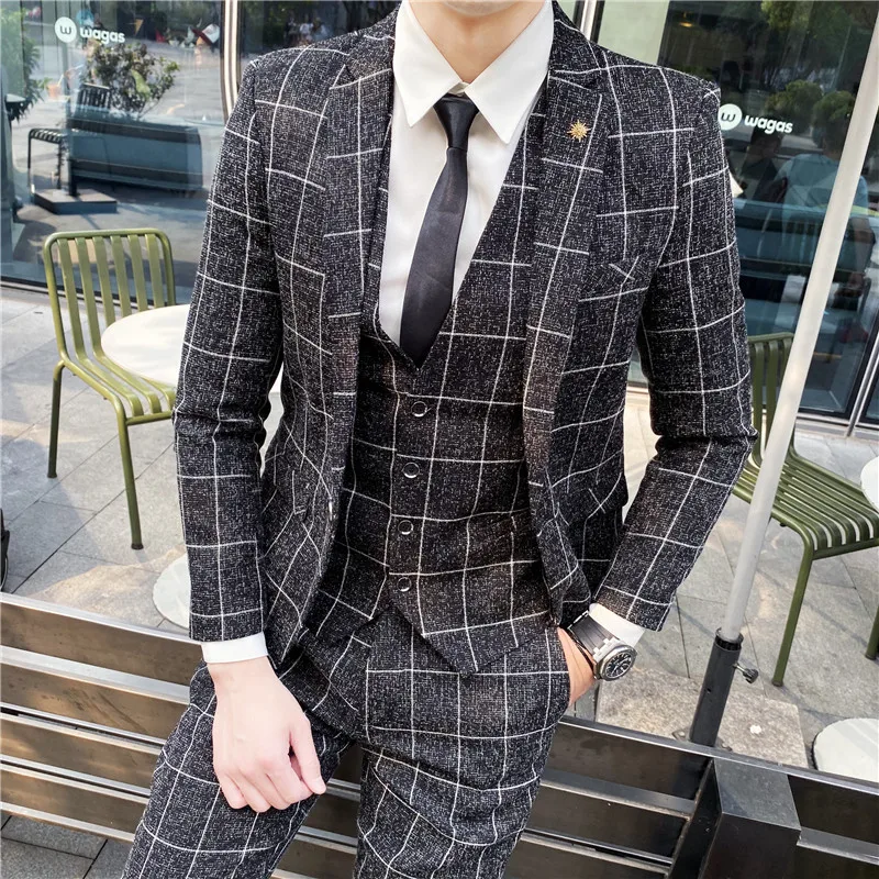 

Wedding Dress For Men Suits Slim Fit Plaid Suits New Man Jackets+Pants+Vest 3 pieces High Quality Men Smart Casual Suits Blazer