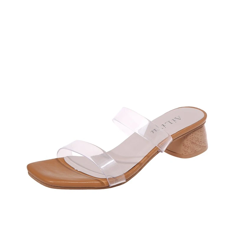 

2022 Summer New Women Shoes European American Fashion Transparent One Word Square Head Rough Estimate Casual Slippers Women