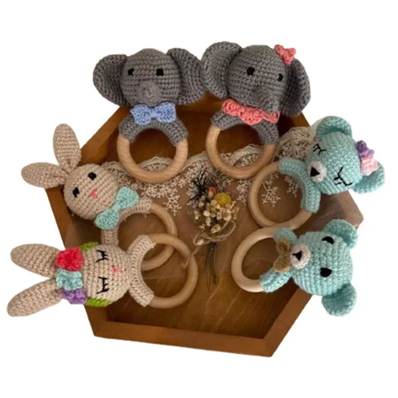 

Baby Teether Baby Rattle Wooden Toys Mobile Pram Crib Ring Crochet Rattle Soother Bracelet Teether Newborn Gift